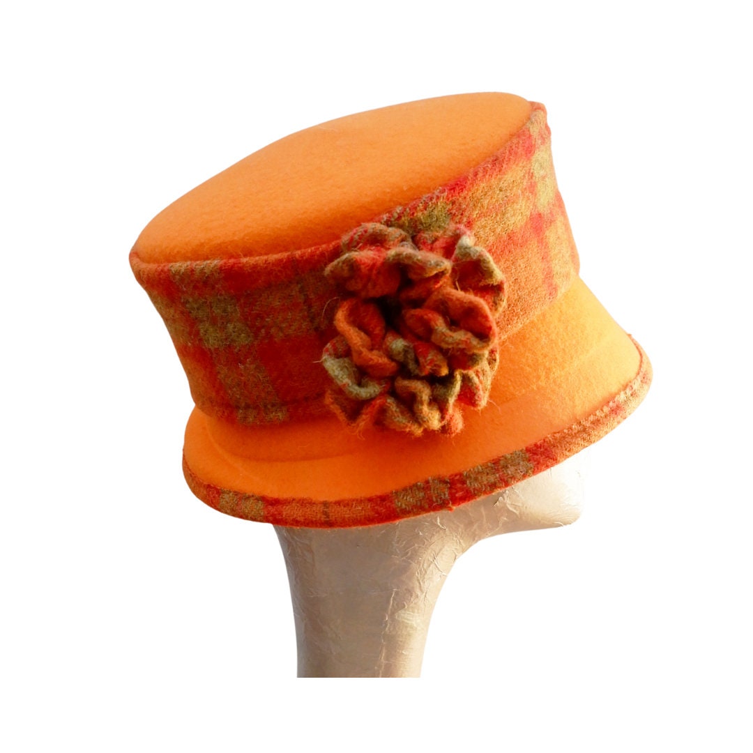 Bonnie - Orange Felt Bucket Hat with Harris Tweed Trim