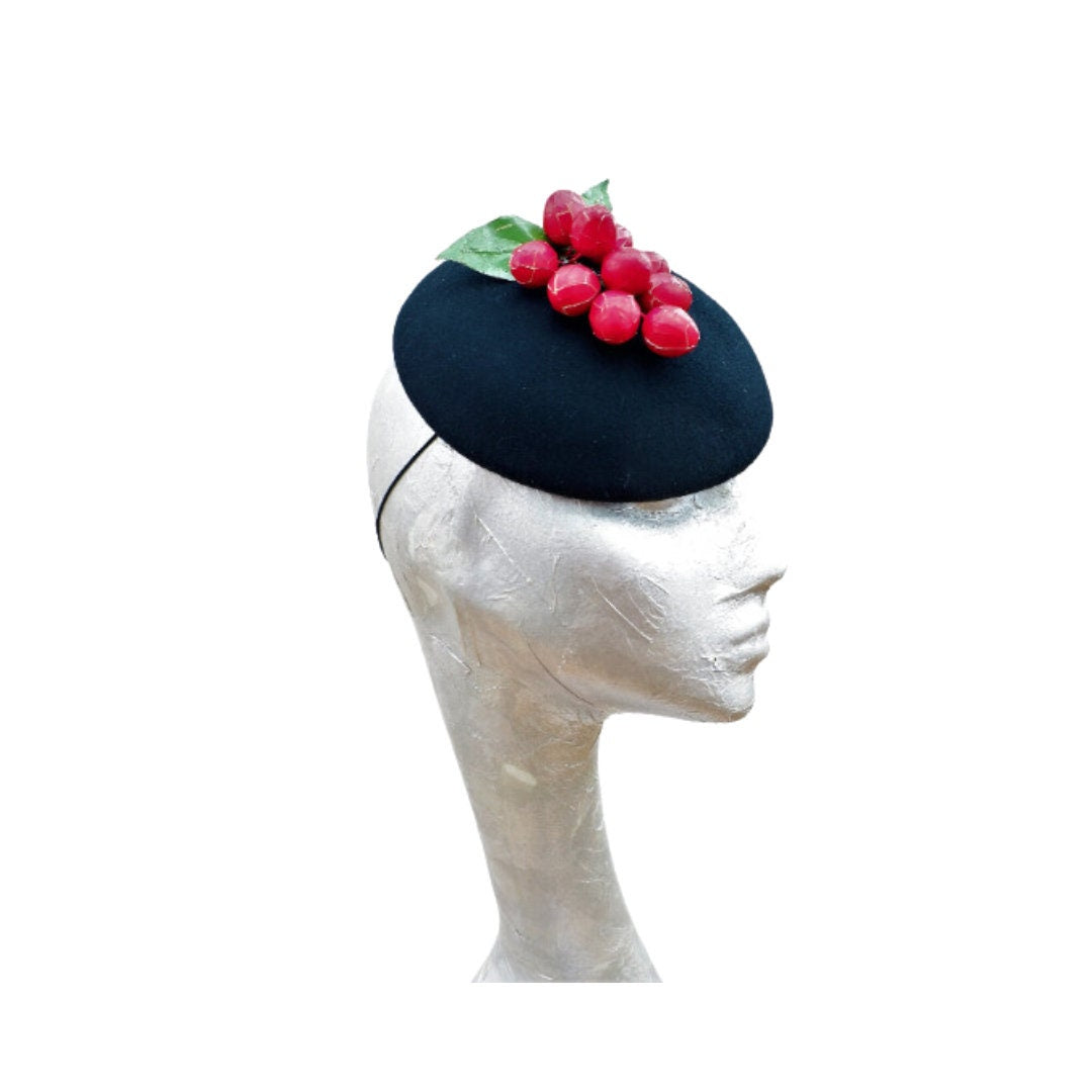 Deeta - Black & Red Cherry Cocktail Hat.