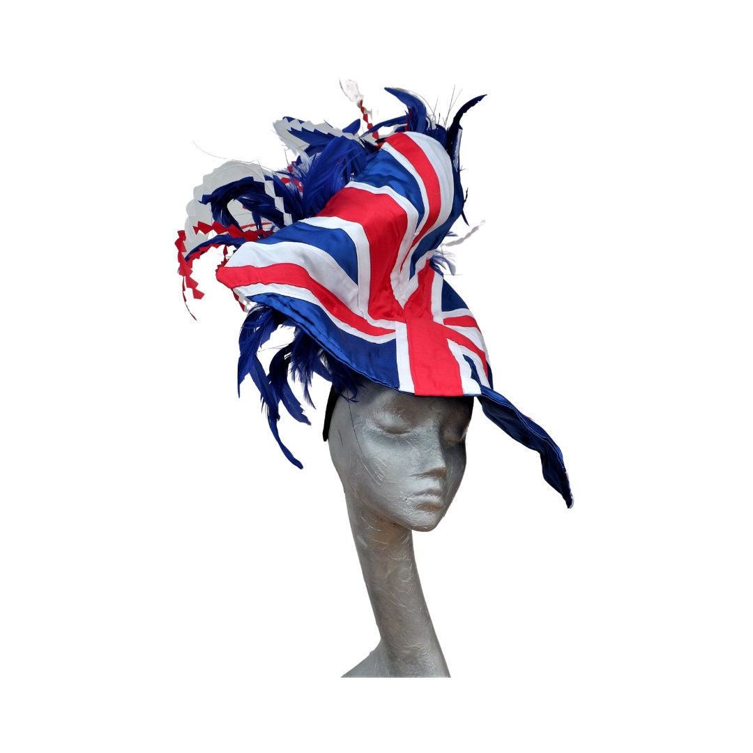 Union Flag - Red, White & Blue Silk and Feather Hatinator Royal Ascot Jubilee showpiece 2022
