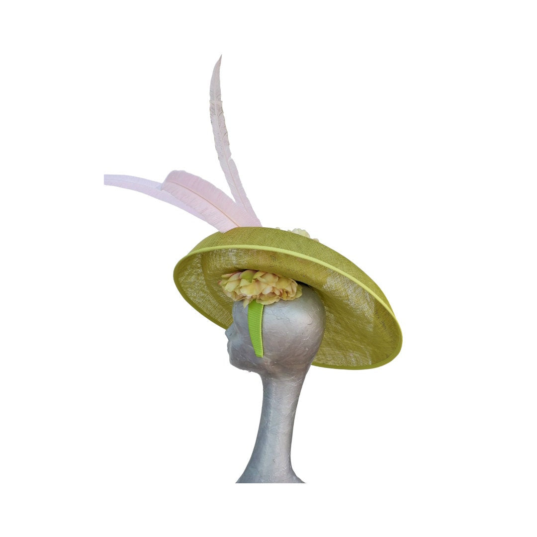 Hetty - Extra large Wasabi Green Hatinator with Pink & Green Hydrangea flowers and Pink Feathers