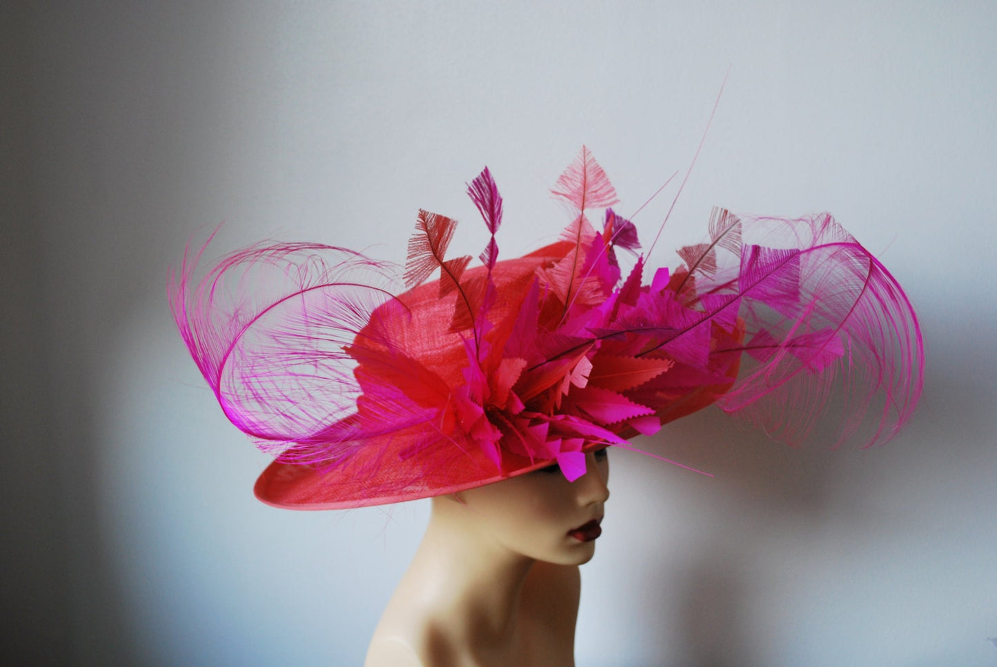 Amelia-- Coral Orange & Cerise feature hat