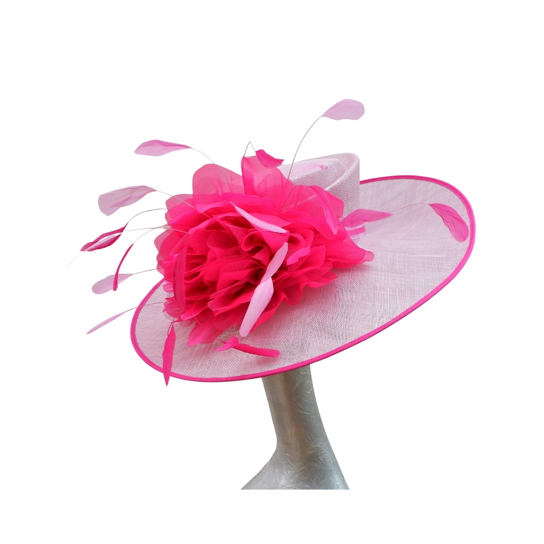 Helena -large Orchid Pink Hat with Fuchsia pink organza flower & Pink feathers