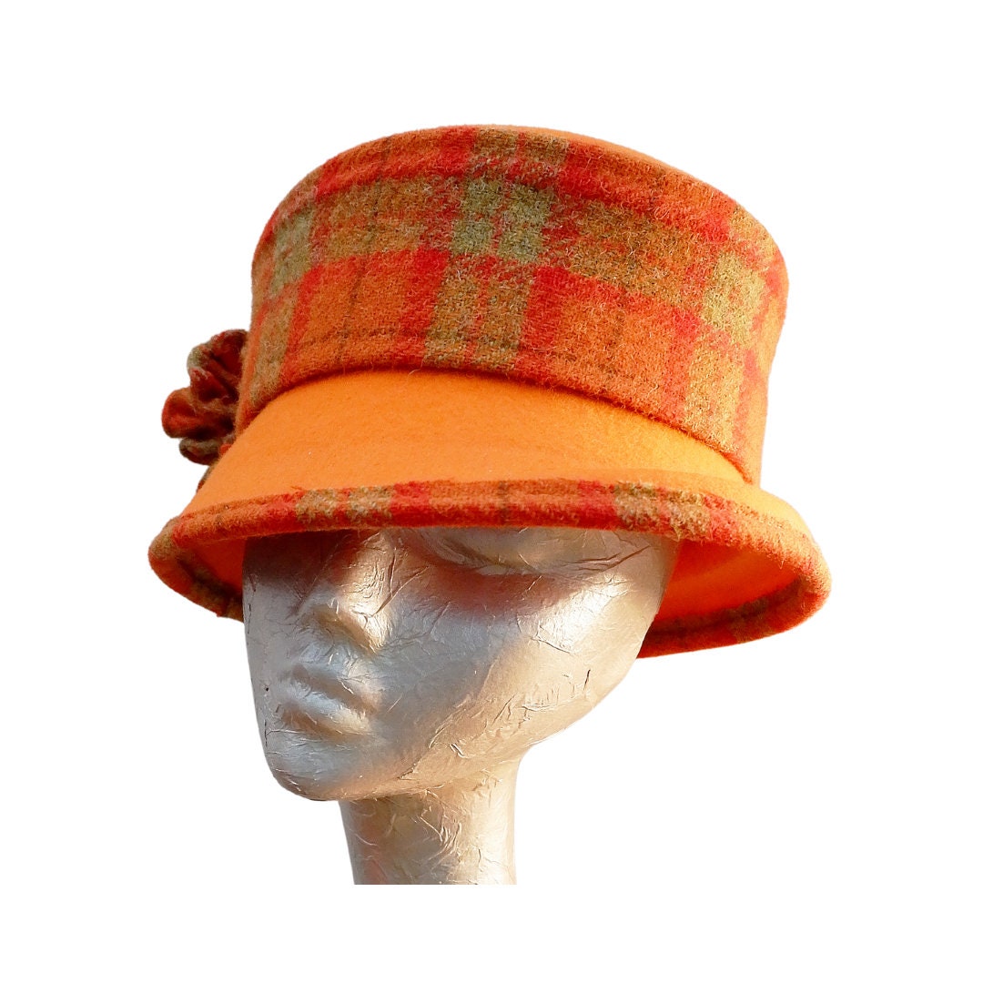 Bonnie - Orange Felt Bucket Hat with Harris Tweed Trim