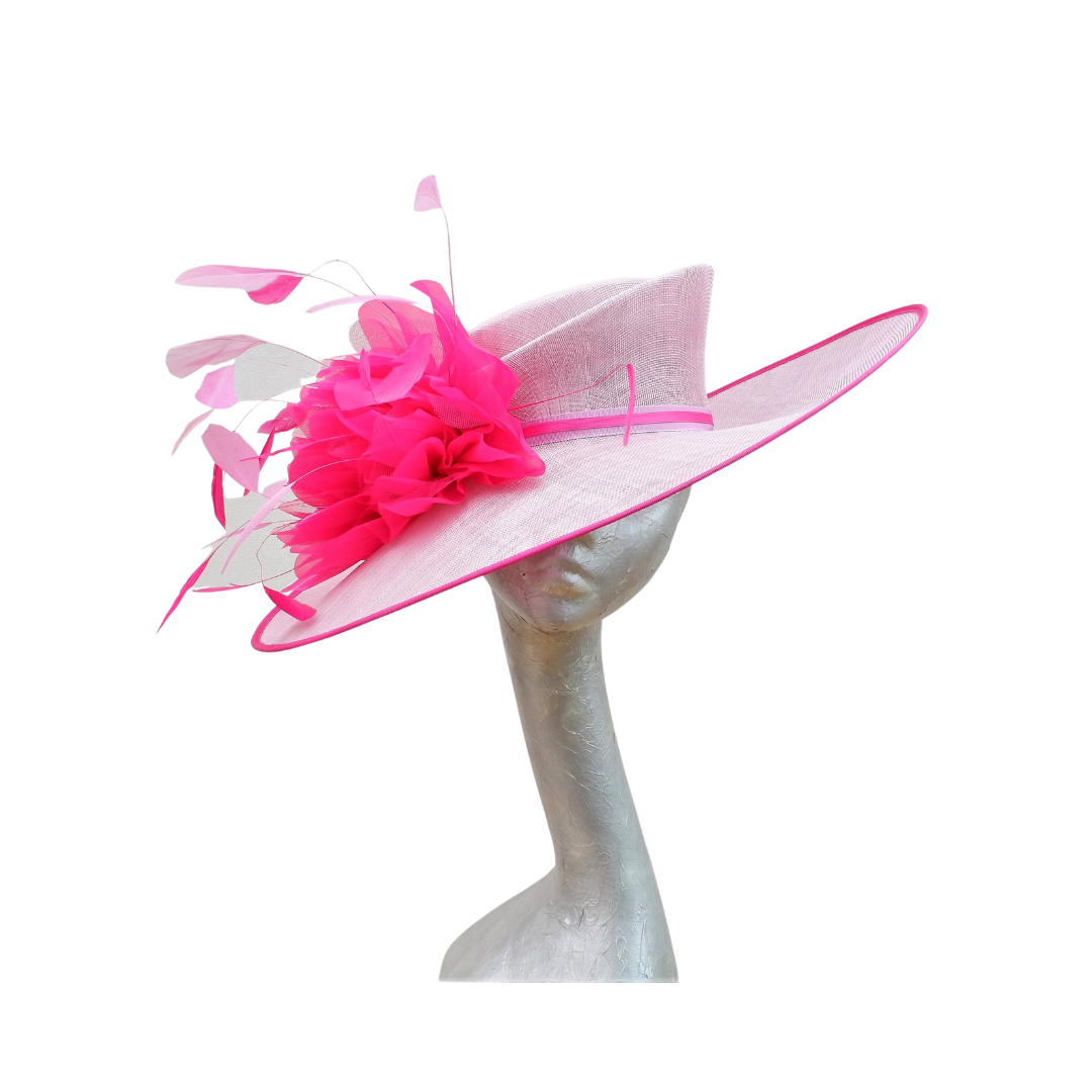 Helena -large Orchid Pink Hat with Fuchsia pink organza flower & Pink feathers