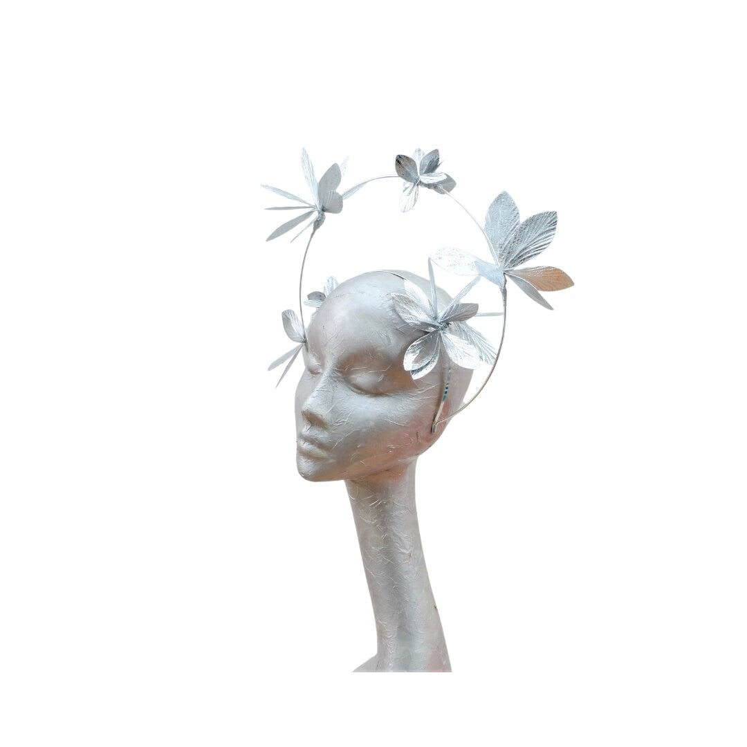 Argentum- Silver metallic Faux Leather & wire Halo Fascinator