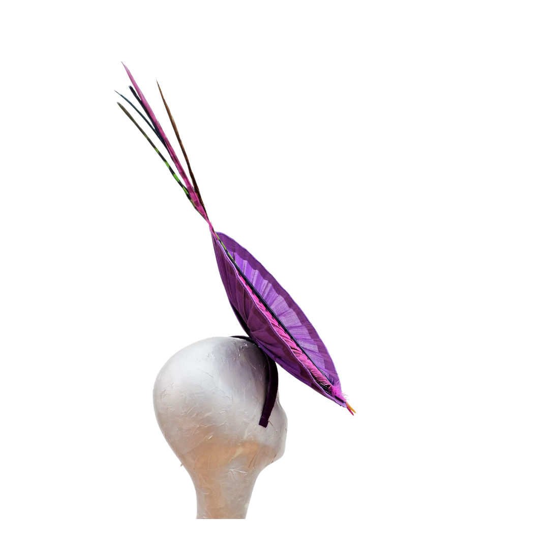 Romero - Purple Buntal pleated disc Fascinator with Multi colour feathers