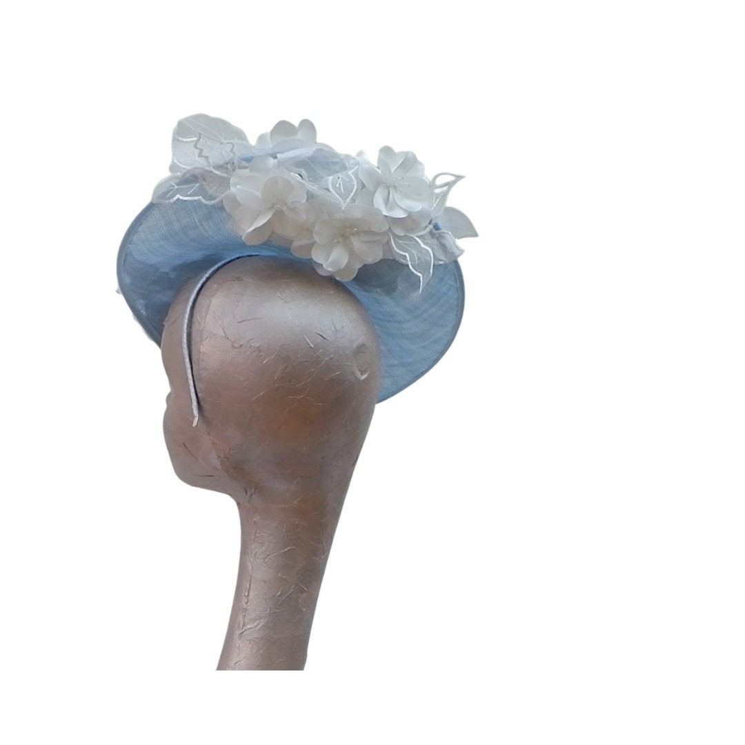 Skye- Sky Blue & white lace Applique fascinator