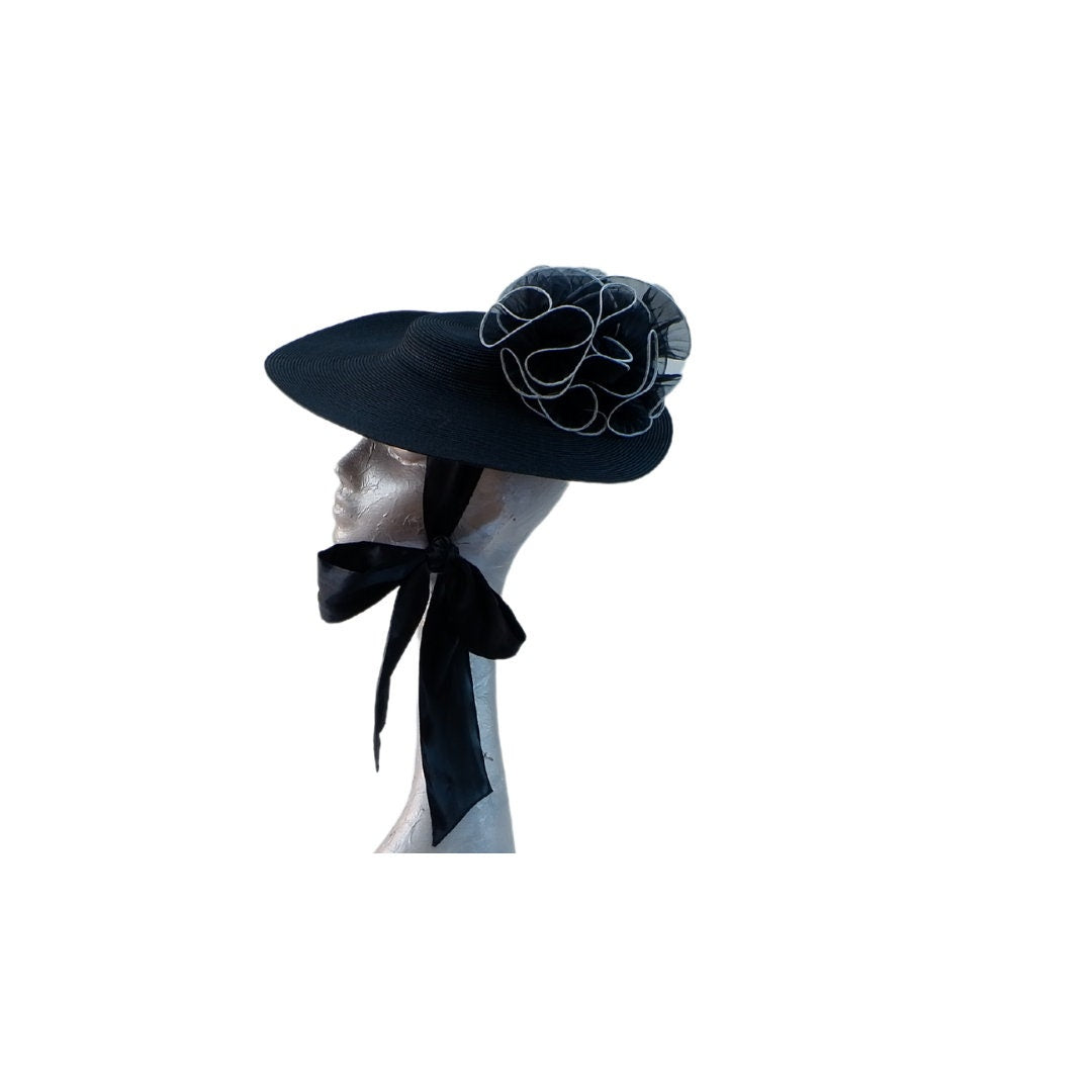 Black & Ivory Polybraid Summer hat with necktie by Hats2go