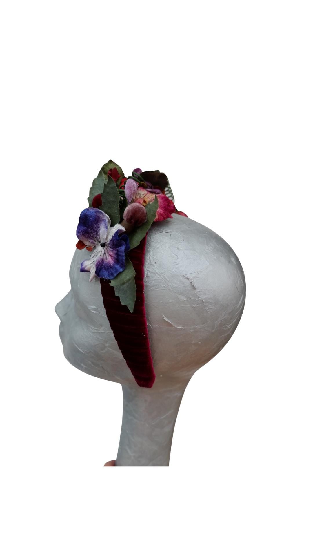 Viola - Claret Velvet Fascinator Headband with Multi Vintage pansies