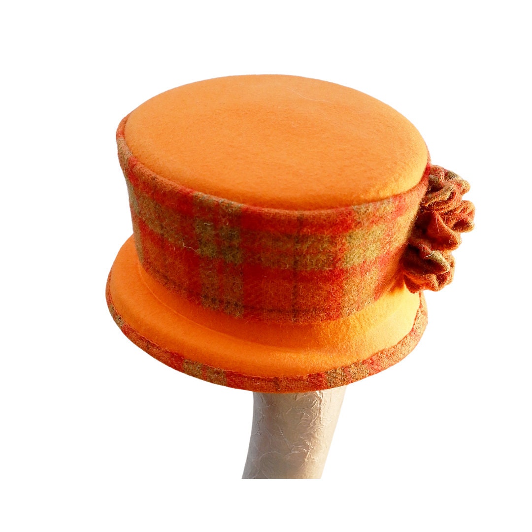Bonnie - Orange Felt Bucket Hat with Harris Tweed Trim