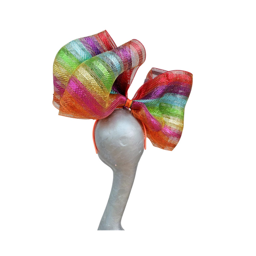 Fran - Rainbow Deco Poly Mesh triple Giant bow Fascinator