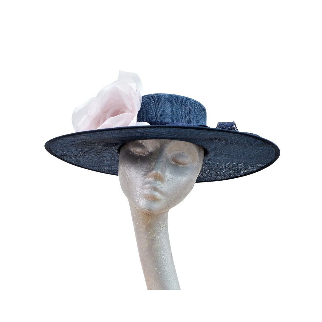 Henley - Navy Blue Sinamay Boater with Blush Flower