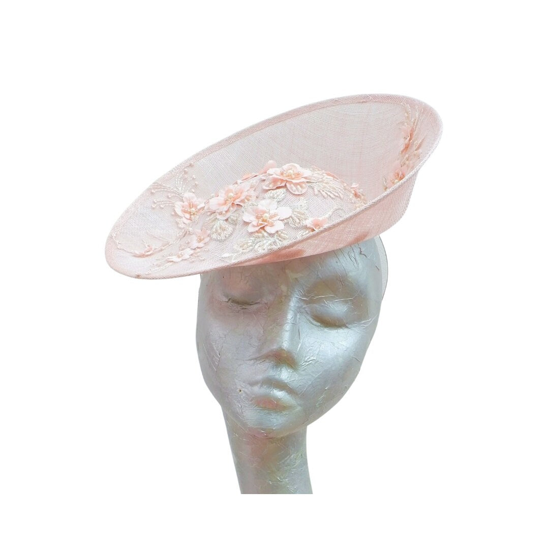 Portifino - Nude front facing fascinator with nude 3D applique trim