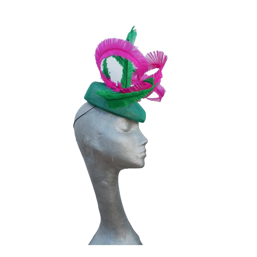 Marlow - Emerald Green Pillbox with Emerald & Hot Pink Feathers