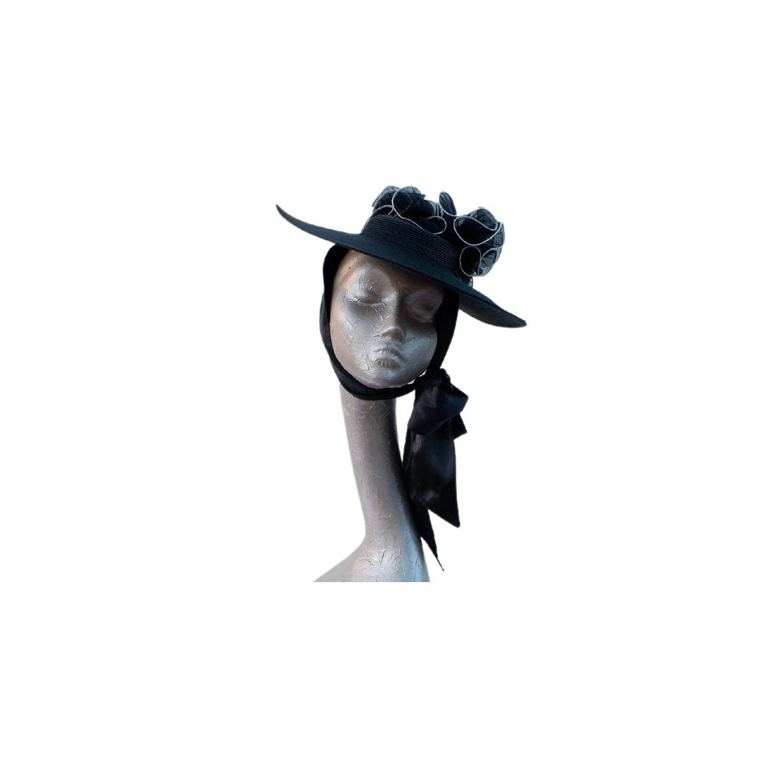 Black & Ivory Polybraid Summer hat with necktie by Hats2go