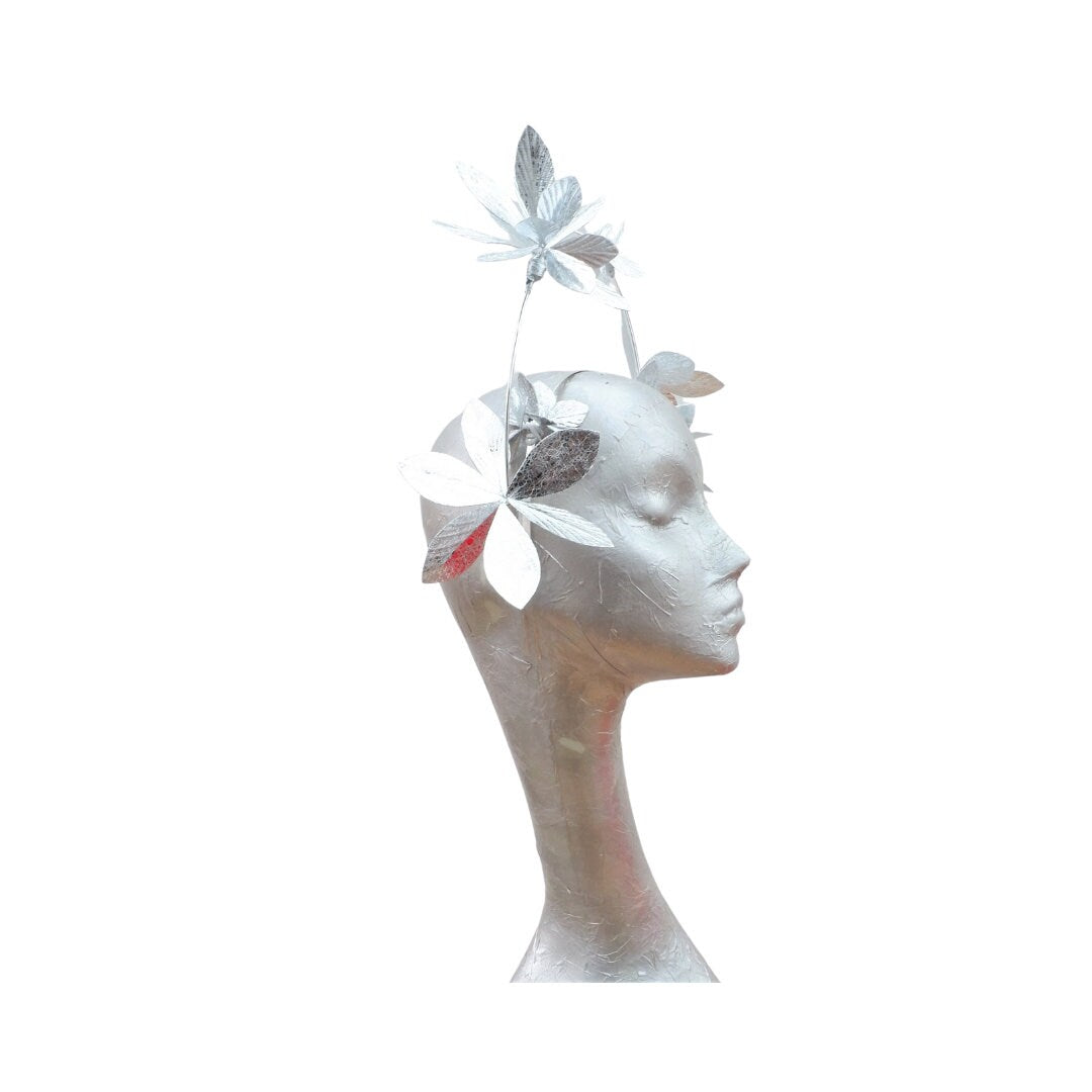 Argentum- Silver metallic Faux Leather & wire Halo Fascinator