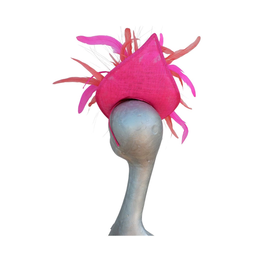 Cereza -Irregular Shaped Cerise pink hatinator with Coral & Cerise feather detail.