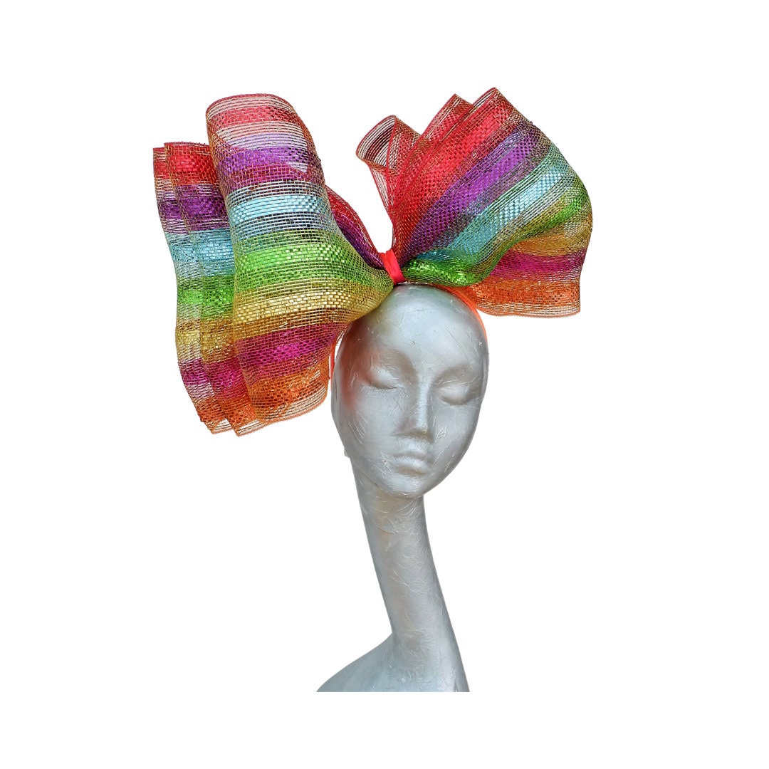 Fran - Rainbow Deco Poly Mesh triple Giant bow Fascinator