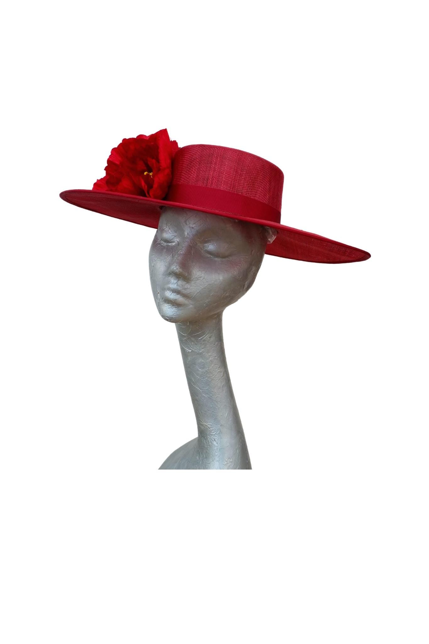 Belinda - Cherry Red Boater with Poppies