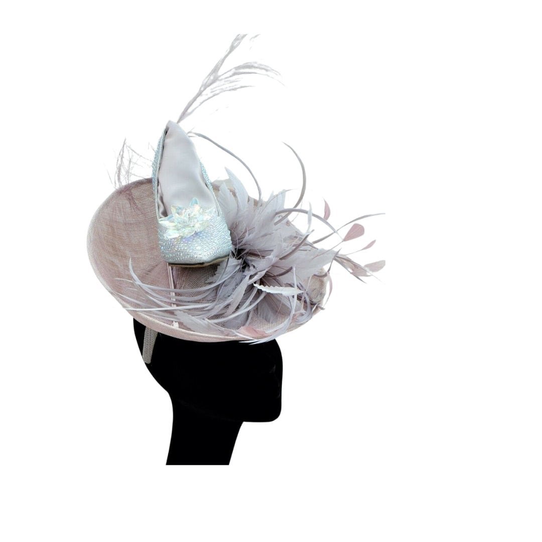 Small Silver lilac/ grey & Heather feature fascinator with Crystal Shoe ideal for Ascot one off