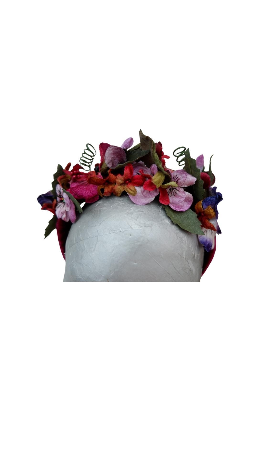 Viola - Claret Velvet Fascinator Headband with Multi Vintage pansies