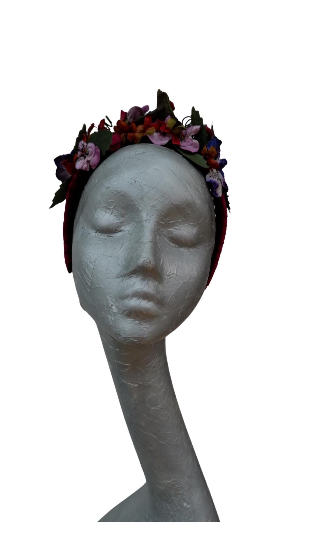 Viola - Claret Velvet Fascinator Headband with Multi Vintage pansies