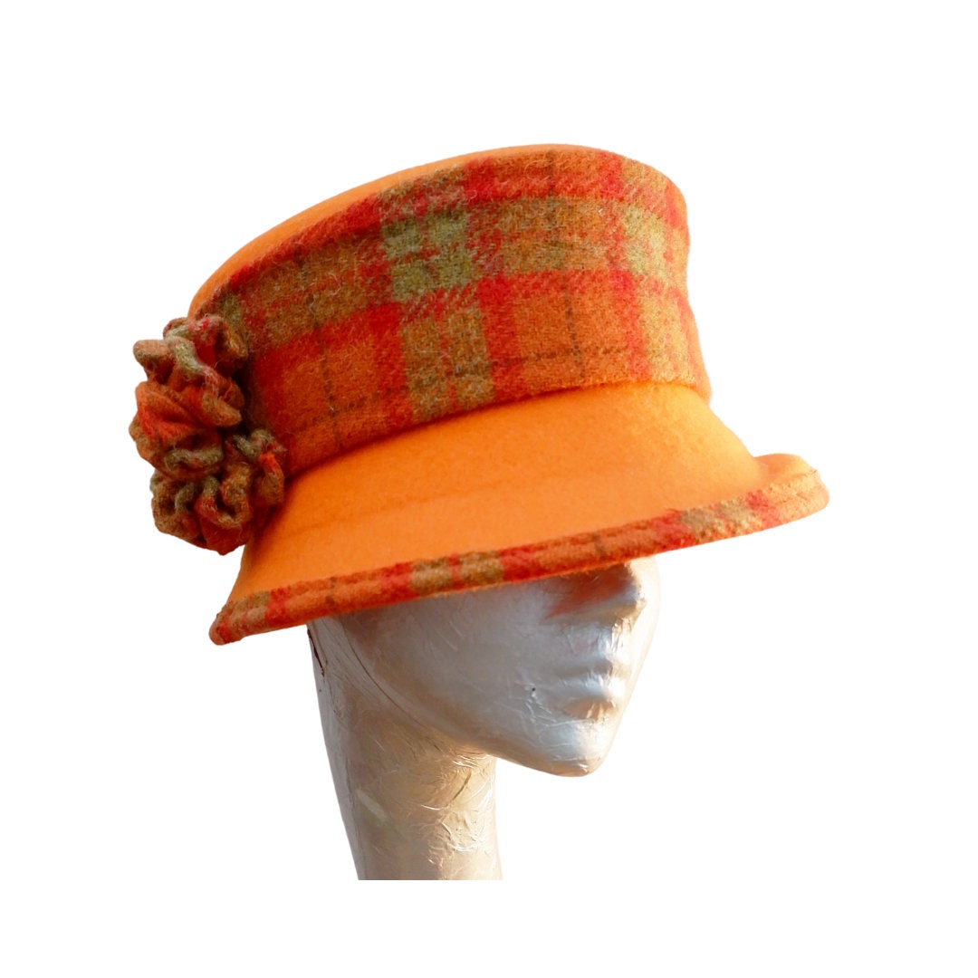 Bonnie - Orange Felt Bucket Hat with Harris Tweed Trim