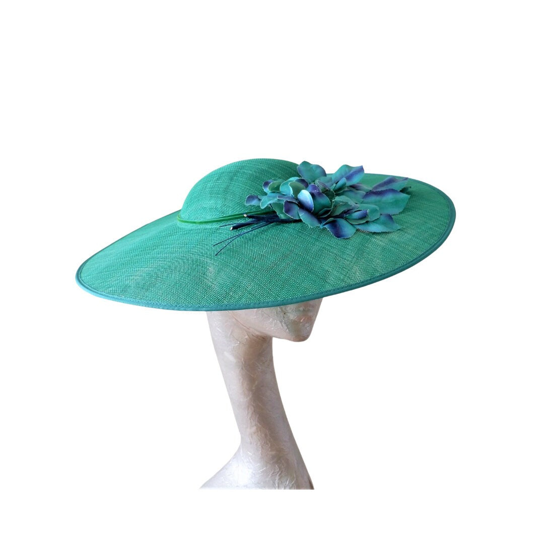 Olivia - Emerald Green Hat with Vintage 40s/50s Emerald & Blue trim
