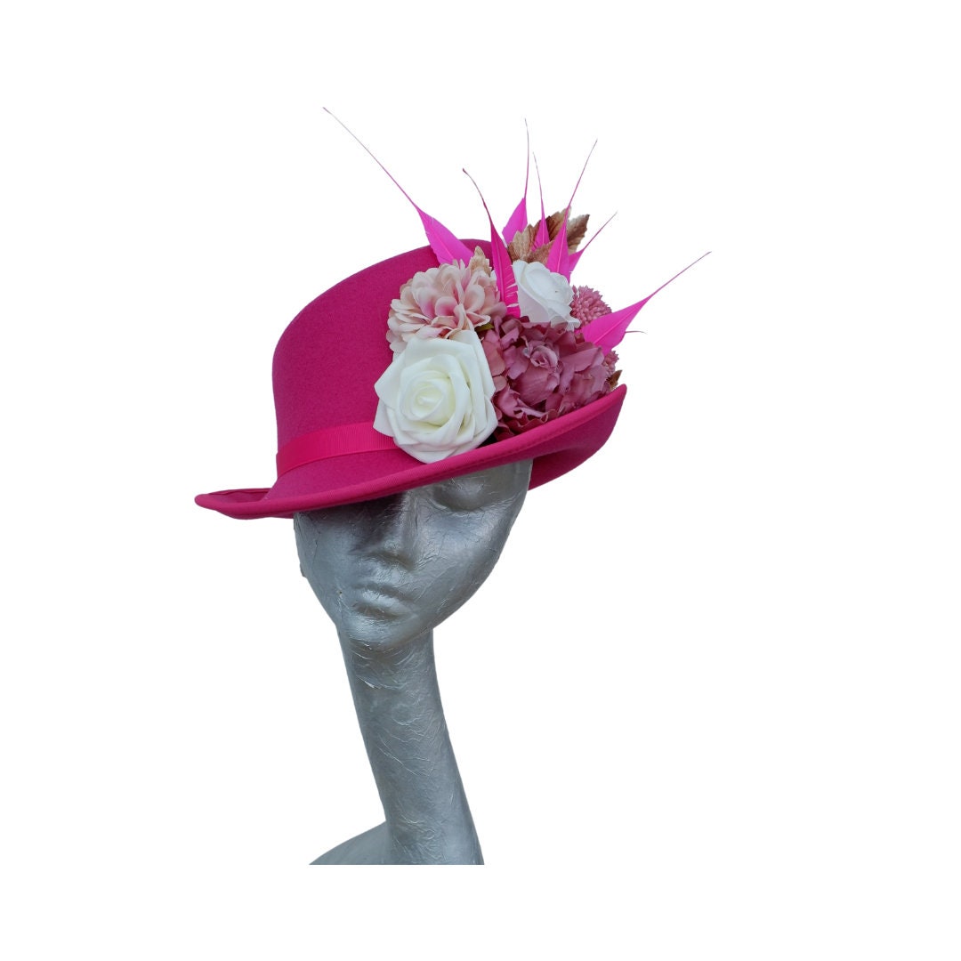 Darcy - Hot pink & Ivory slanted soft Top Hat with Floral detail