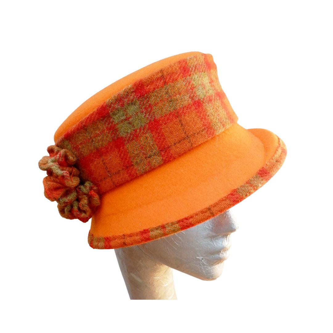 Bonnie - Orange Felt Bucket Hat with Harris Tweed Trim