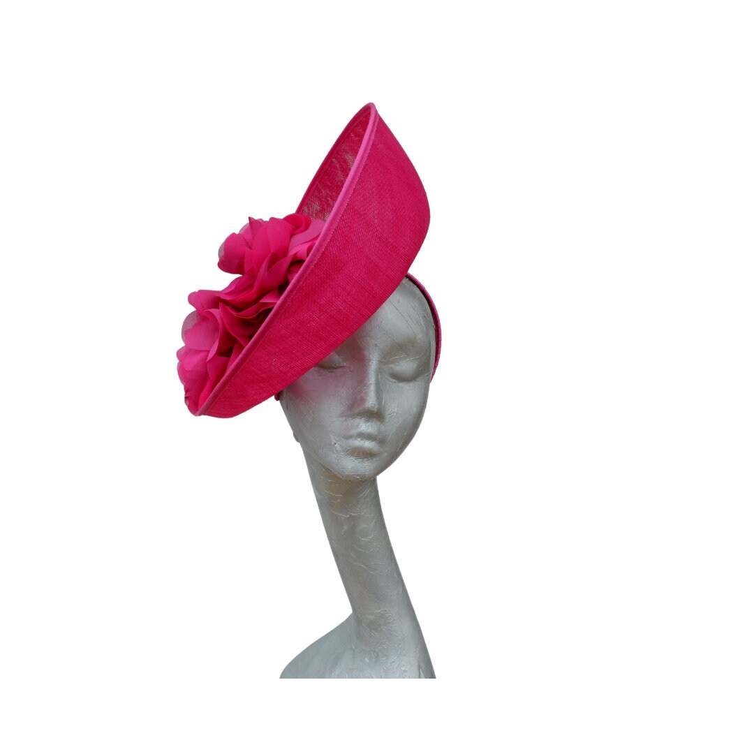Kelsi - Fuchsia Feature fascinator with two tone fabric flowers on hairband