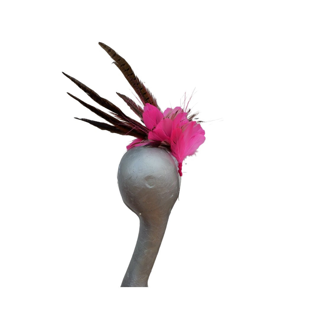 Flo - Fluorescent pink & natural feather fascinator