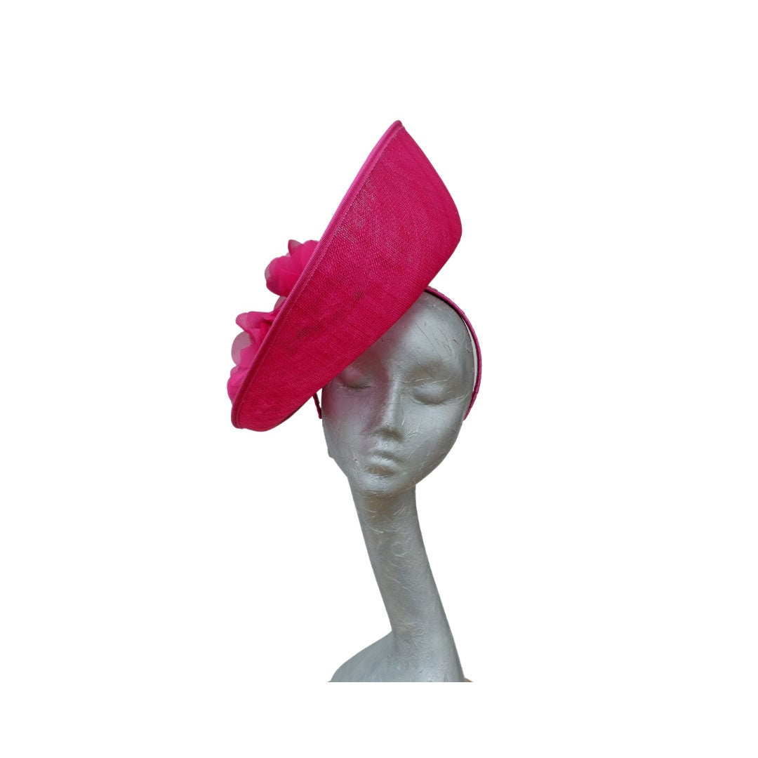 Kelsi - Fuchsia Feature fascinator with two tone fabric flowers on hairband