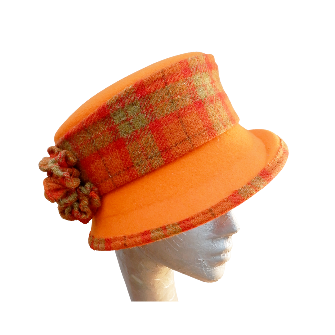 Bonnie Orange Felt Bucket Hat, Harris Tweed