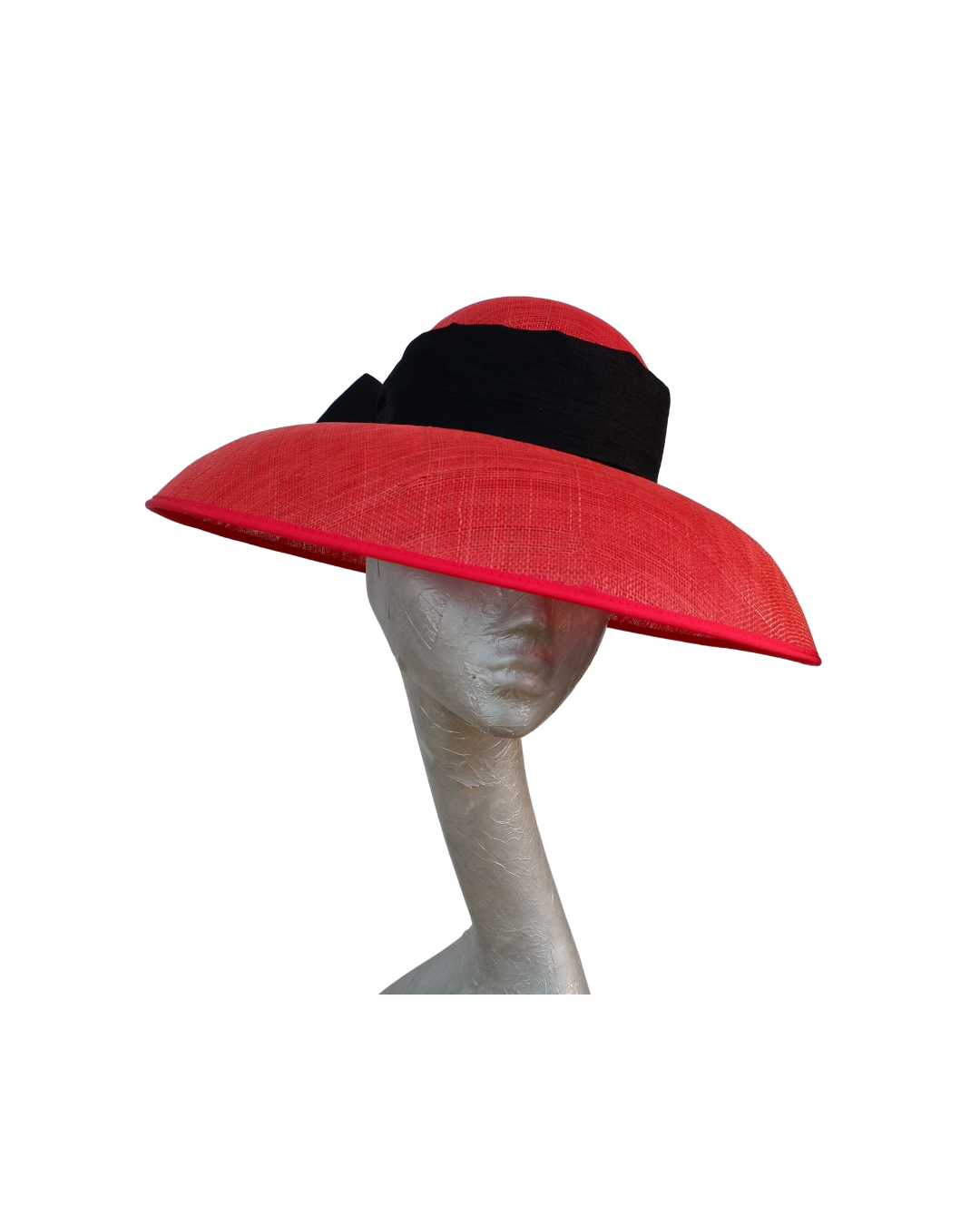 Gigi - Red Down brim hat with Black Dupion Silk Bow
