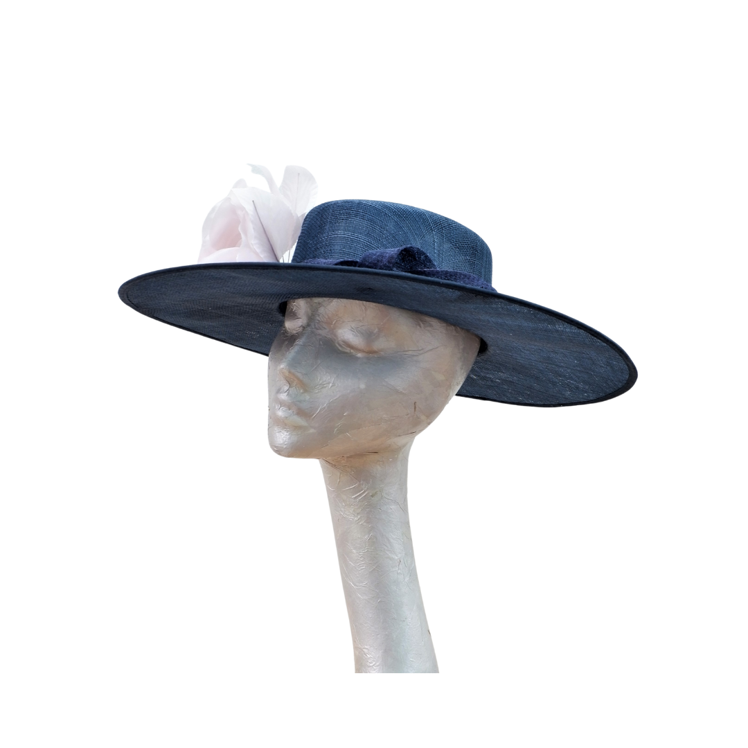 Henley - Navy Blue Sinamay Boater with Blush Flower