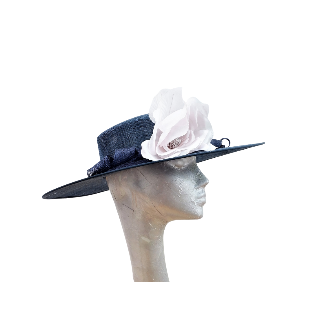 Henley - Navy Blue Sinamay Boater with Blush Flower