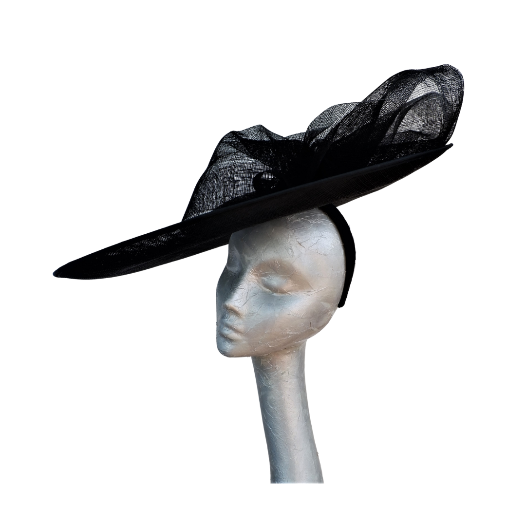 Sazz - Large round Black feature saucer hatinator with Large Black Sinamay bow