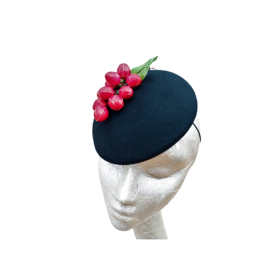 Deeta - Black & Red Cherry Cocktail Hat.