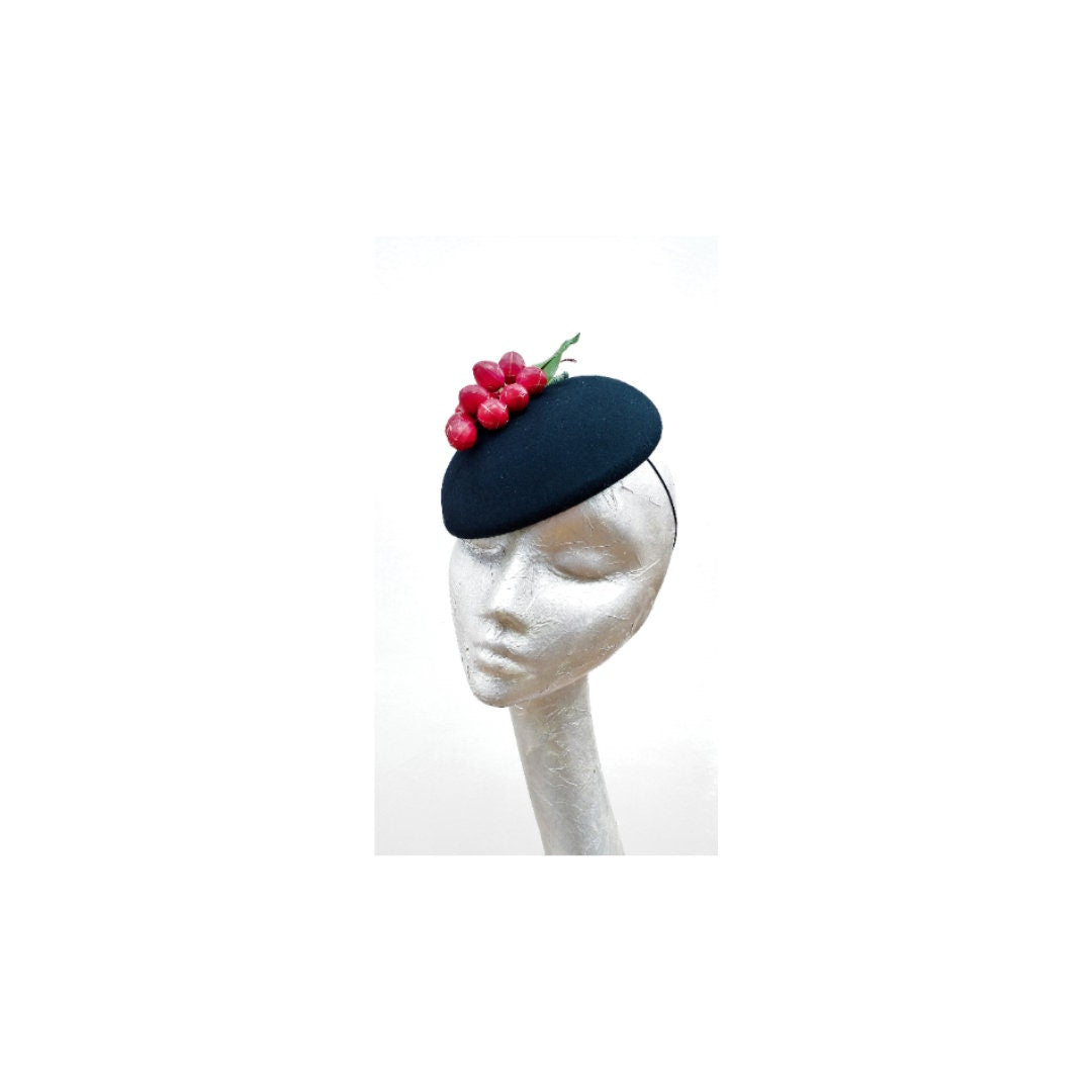 Deeta - Black & Red Cherry Cocktail Hat.