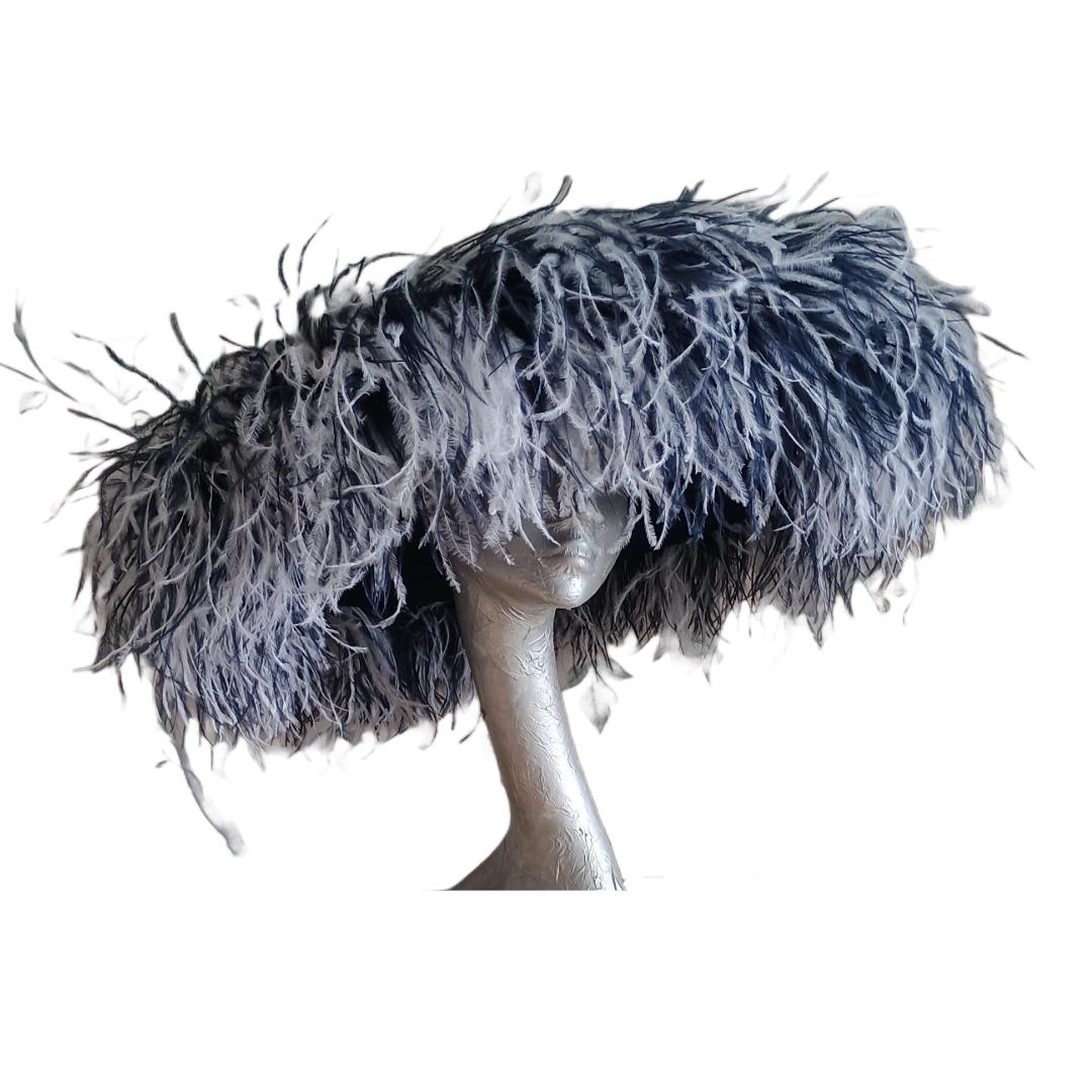 Emma - Extra large Hat with Ostrich feather boa in Navy & White