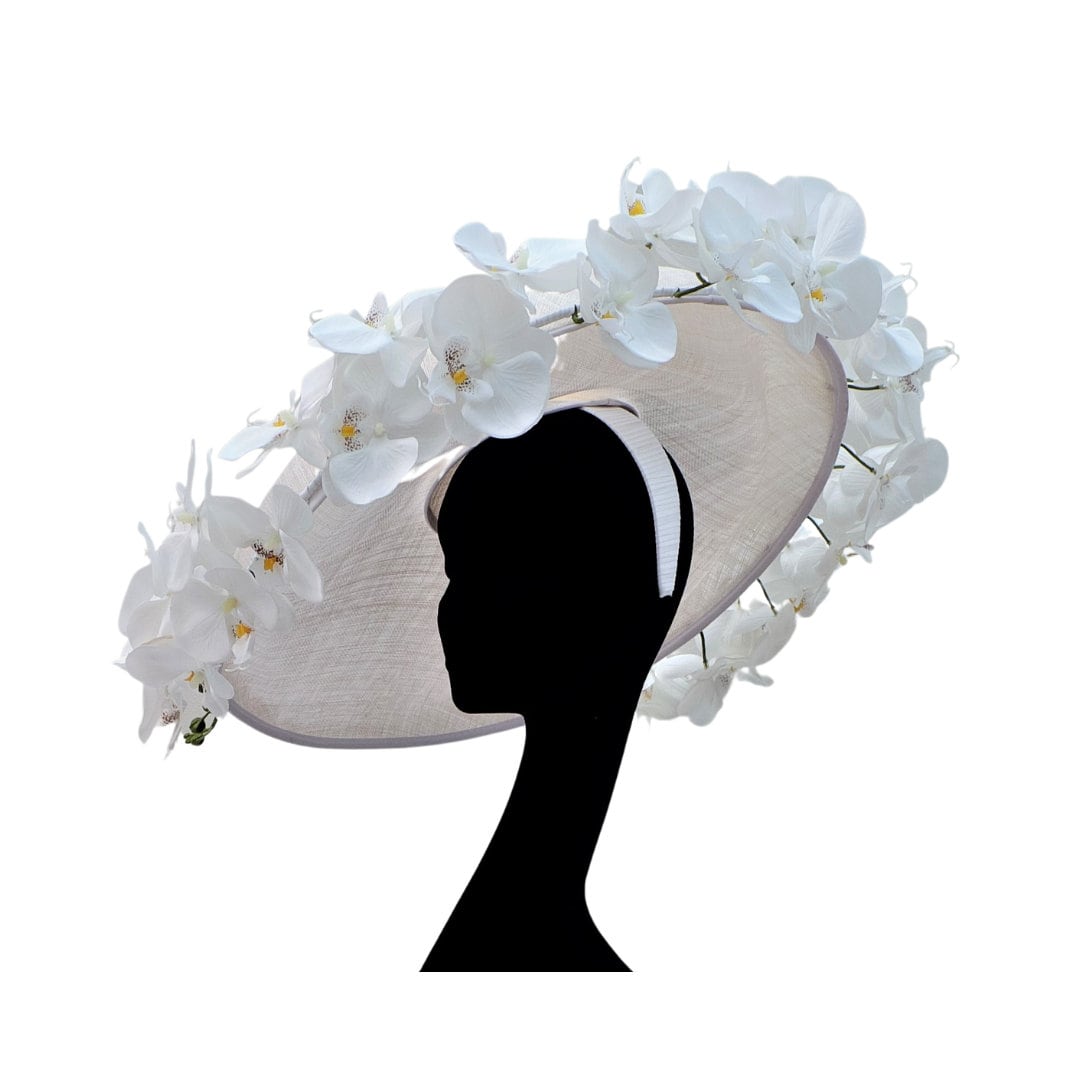 Amanda - Extra large White Hatinator edged with Silk Orchids