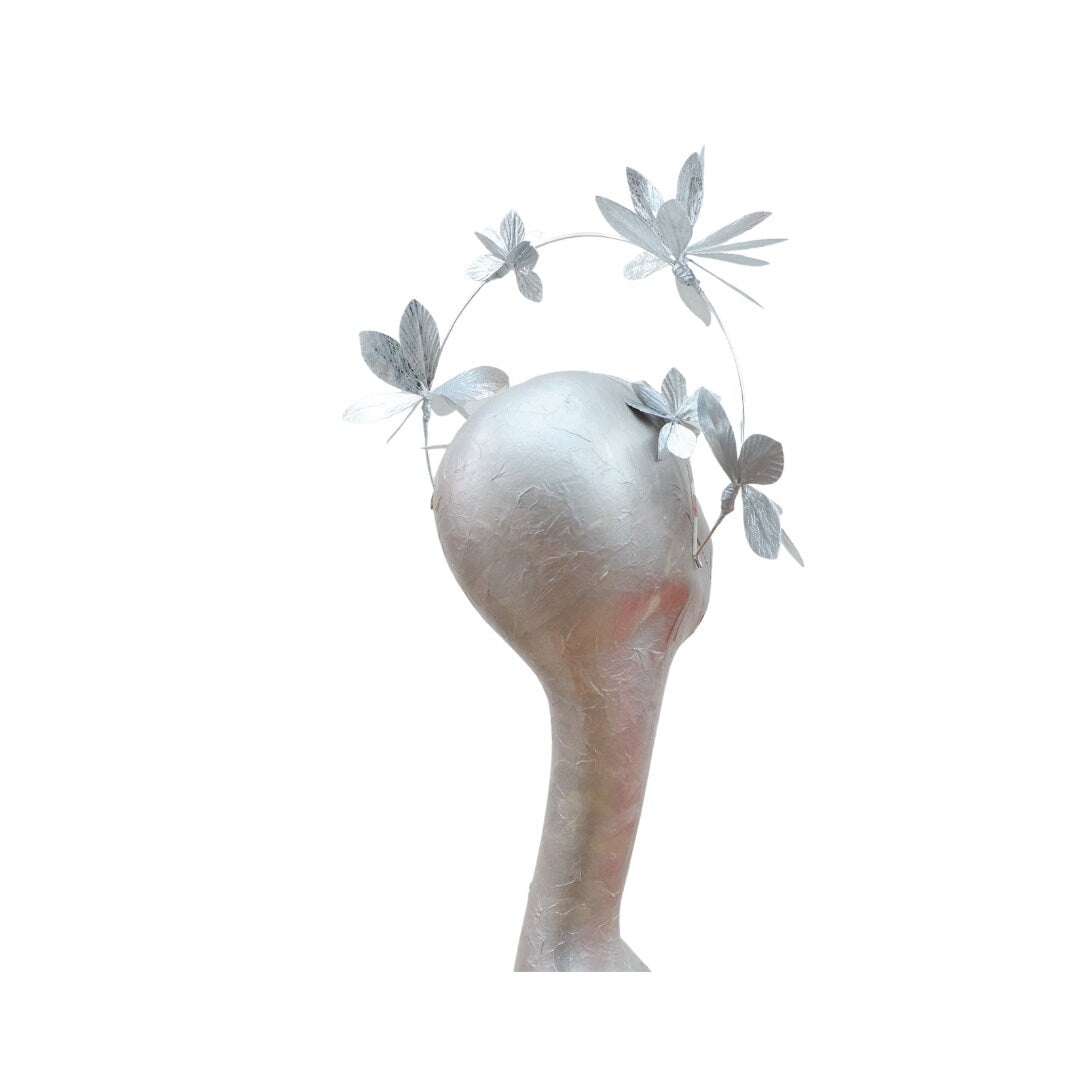 Argentum- Silver metallic Faux Leather & wire Halo Fascinator