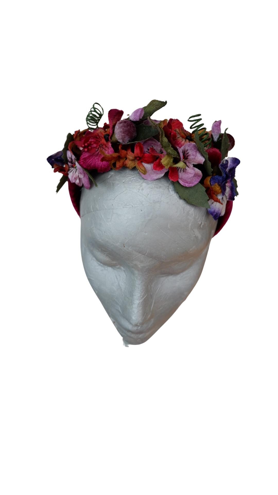 Viola - Claret Velvet Fascinator Headband with Multi Vintage pansies