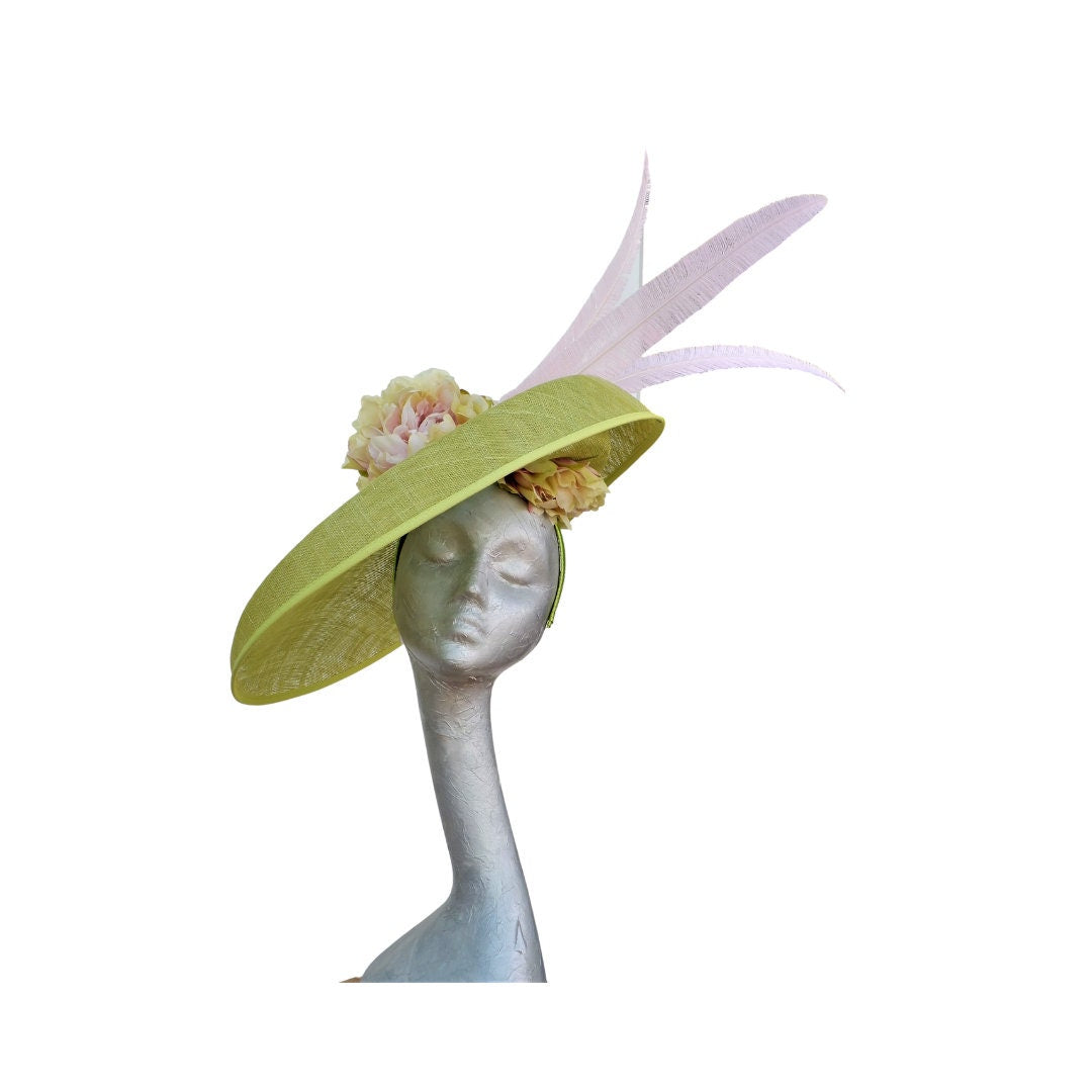 Hetty - Extra large Wasabi Green Hatinator with Pink & Green Hydrangea flowers and Pink Feathers