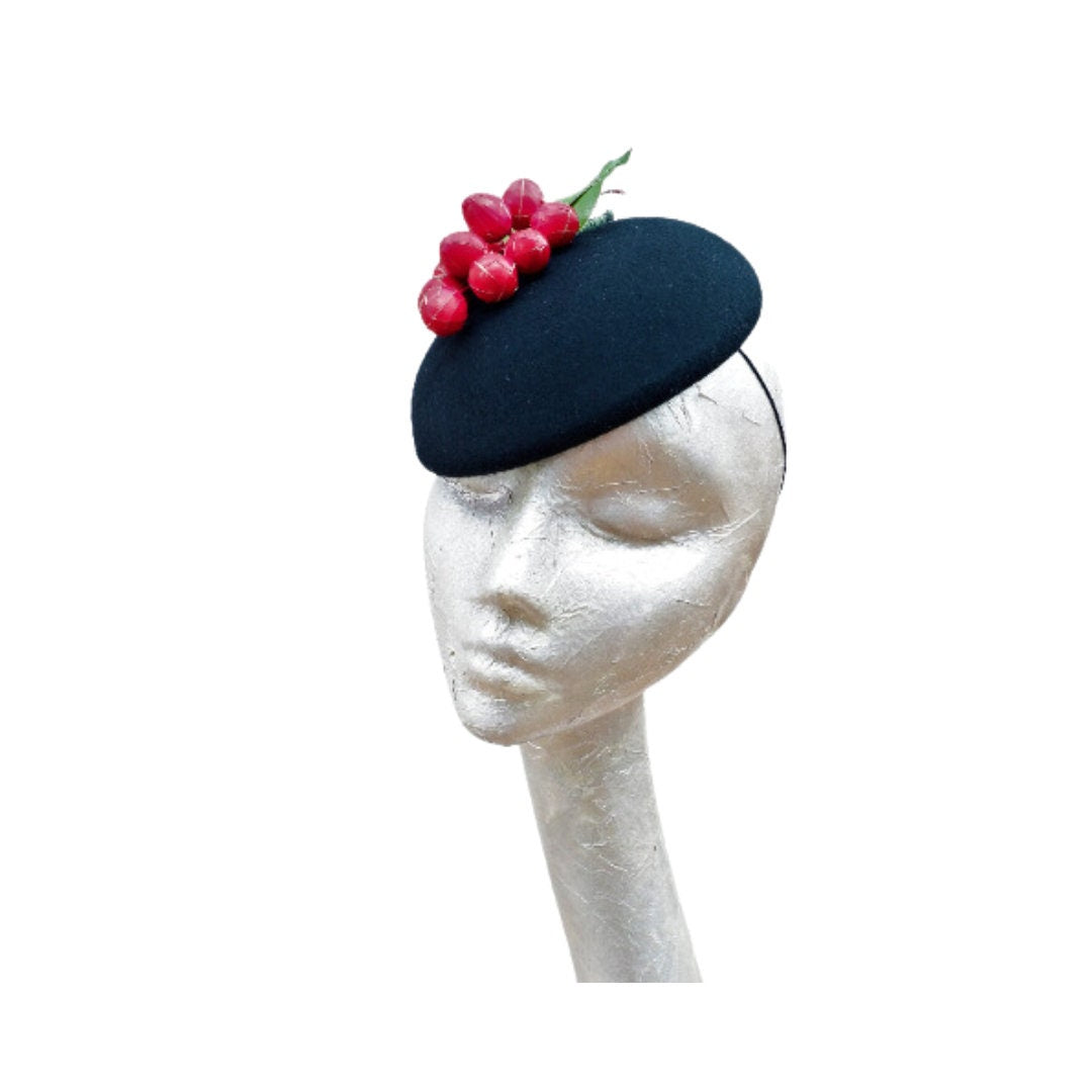 Deeta - Black & Red Cherry Cocktail Hat.