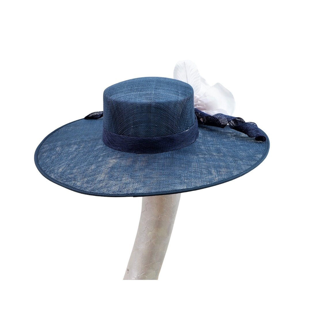 Henley - Navy Blue Sinamay Boater with Blush Flower
