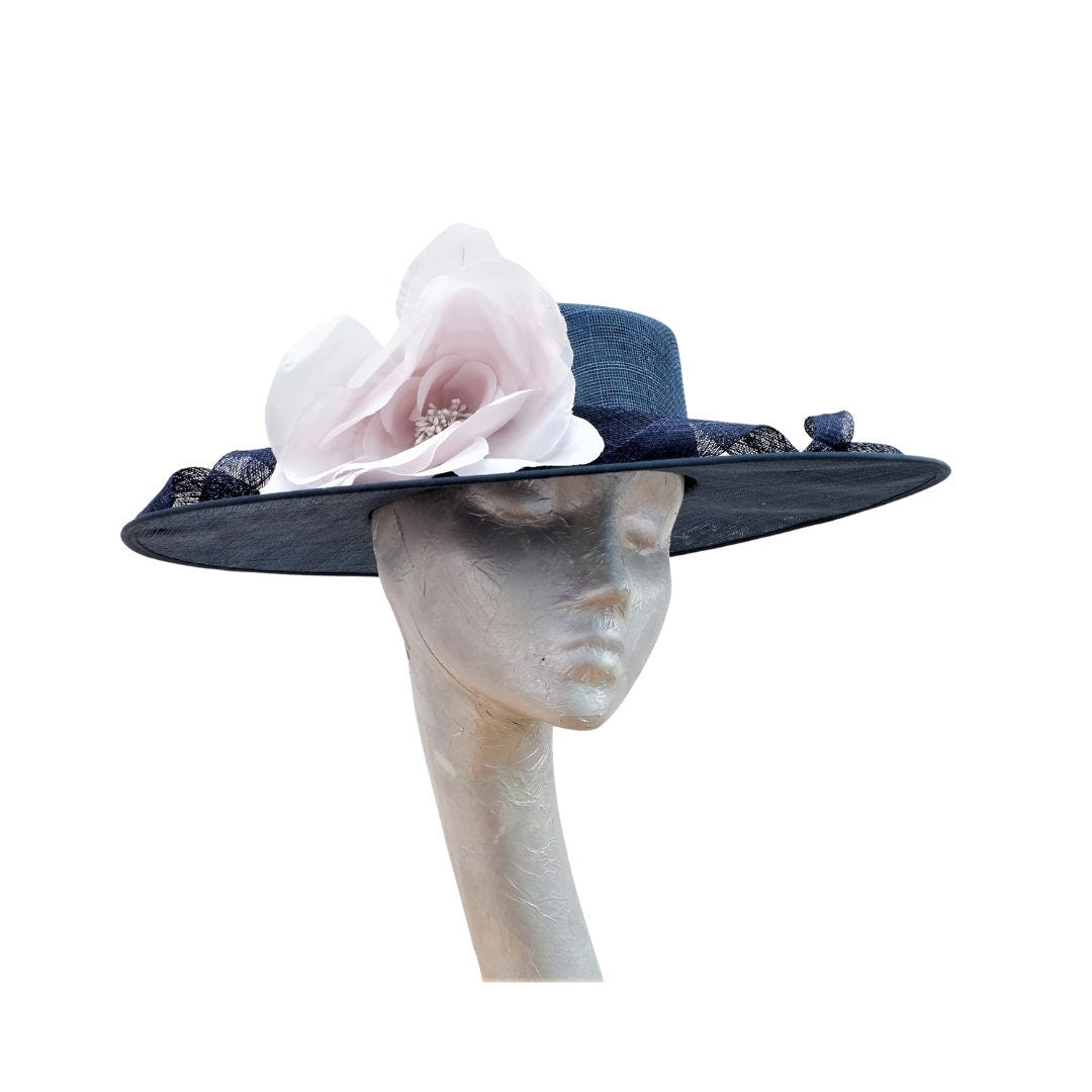 Henley - Navy Blue Sinamay Boater with Blush Flower
