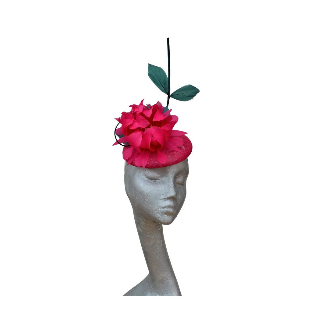 Taino - Fuchsia Button Base with Raspberry feather flower