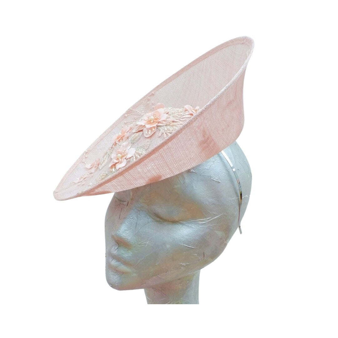 Portifino - Nude front facing fascinator with nude 3D applique trim